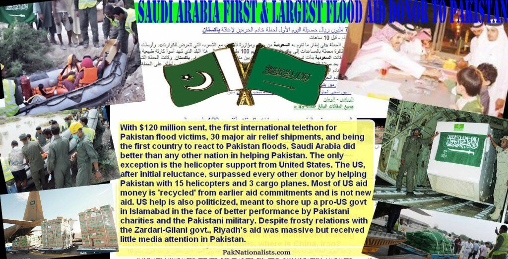 Saudi Flood Aid Saudi Arabia was the first nation to respond to Pakistan's flood aid appeal. It created a back-to-back air bridge that saw 30 cargo planes land in Pakistan.